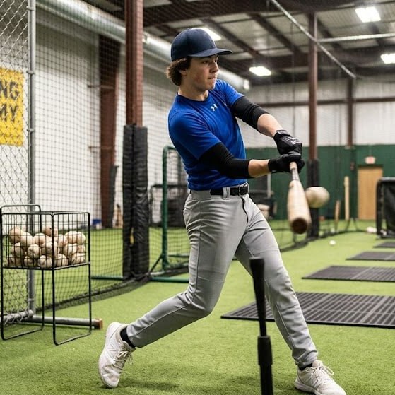 TI Baseball Academy player mid-swing during an indoor training session