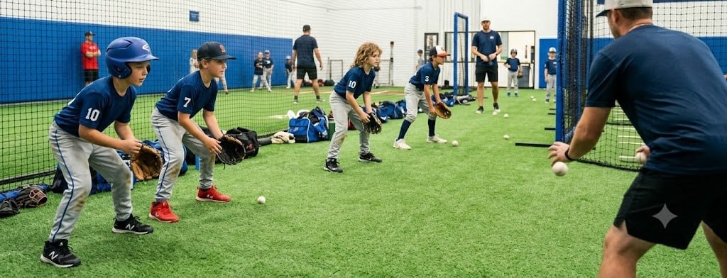 TI Baseball campers in a fielding line ready for grounders, coach hitting from the right, inside the indoor training facility