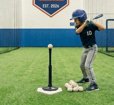 Young TI Baseball camper at a tee inside the indoor training facility, surrounded by baseballs, ready to swing